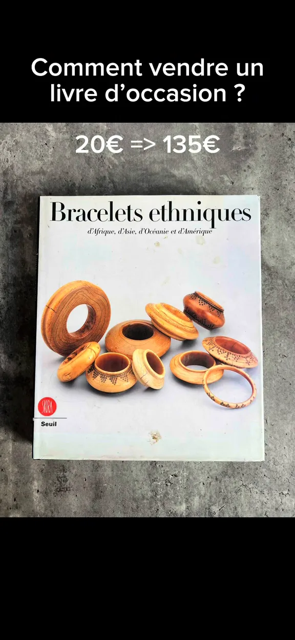 Le livre Bracelets ethniques posé sur une table, avec le texte : comment vendre un livre d'occasion, 20 € vers 135 €