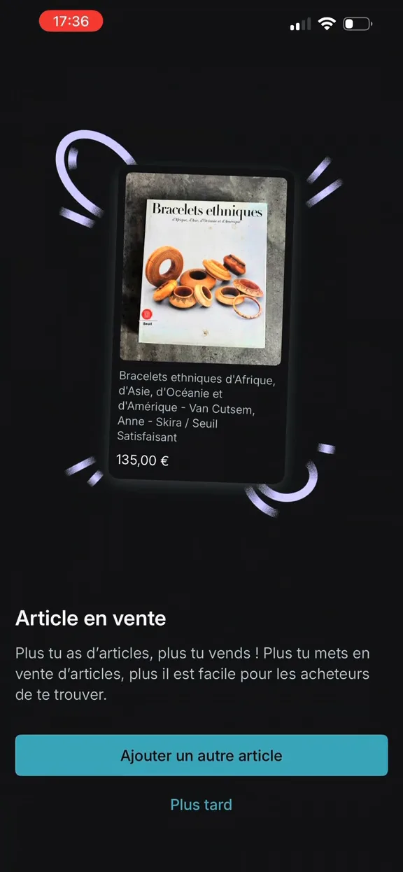 Confirmation Vinted : l'annonce du livre Bracelets ethniques est en vente à 135 euros