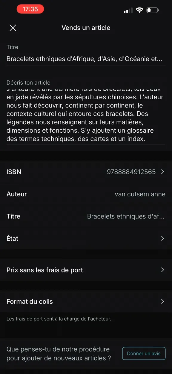 Formulaire Vinted avec l'ISBN 9788884912565 renseigné et le champ État à compléter