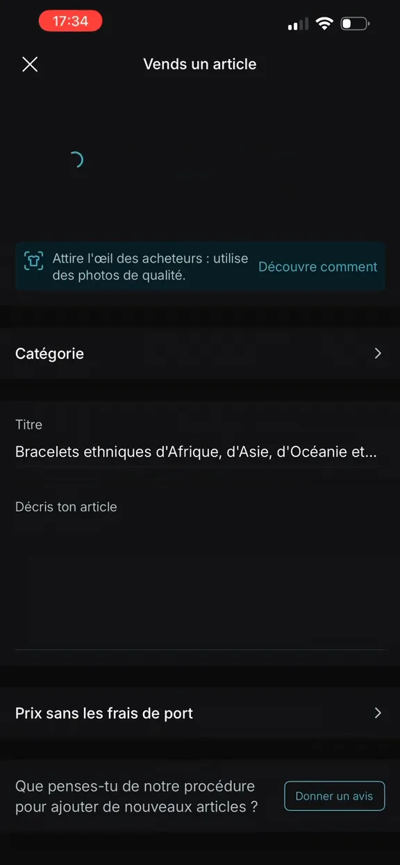 Écran Vends un article de Vinted avec le titre du livre collé depuis BiblioScan