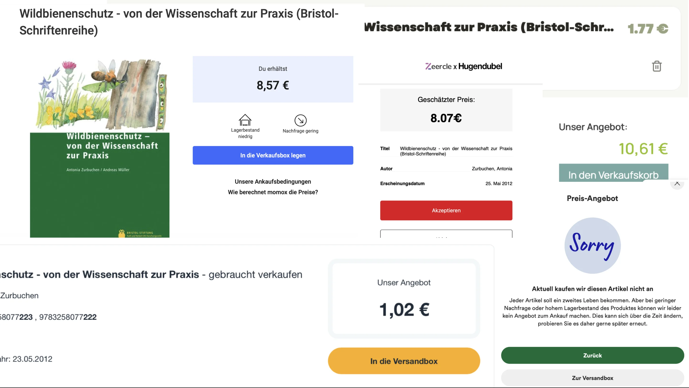 Screenshot der Ankaufpreise auf Studibuch, Momox, Rebuy, Hugendubel, Thalia und 1000books für Wildbienenschutz am 04.04.2026