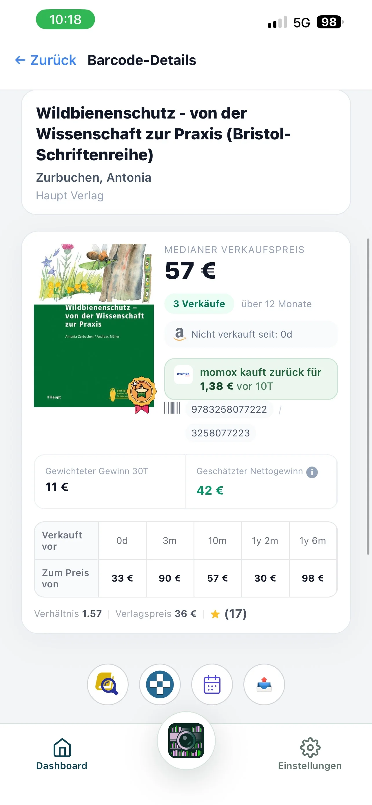 BiblioScan-Analyse für Wildbienenschutz mit Median-Verkaufspreis und geschätztem Nettogewinn