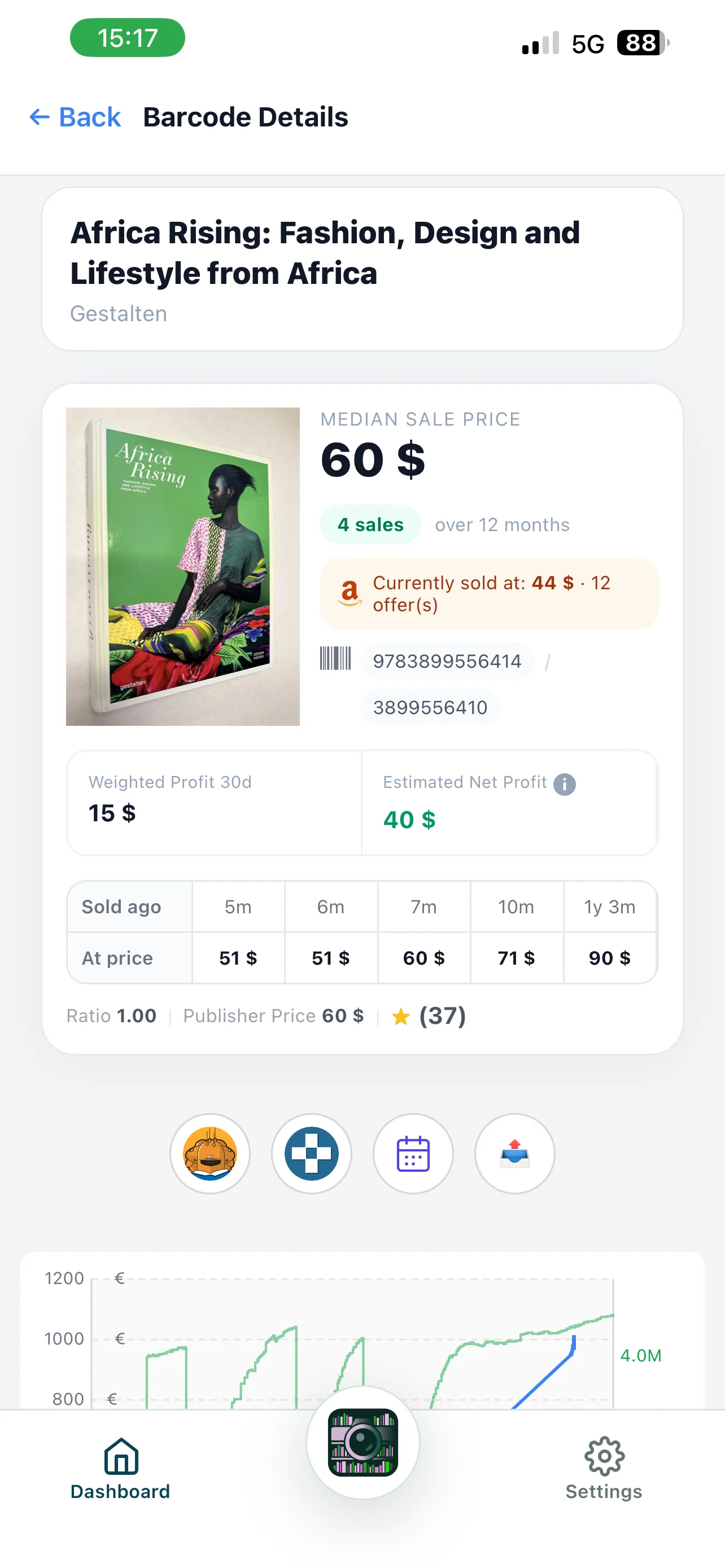 BiblioScan screenshot showing market data for Africa Rising, median price, sales history, estimated profit