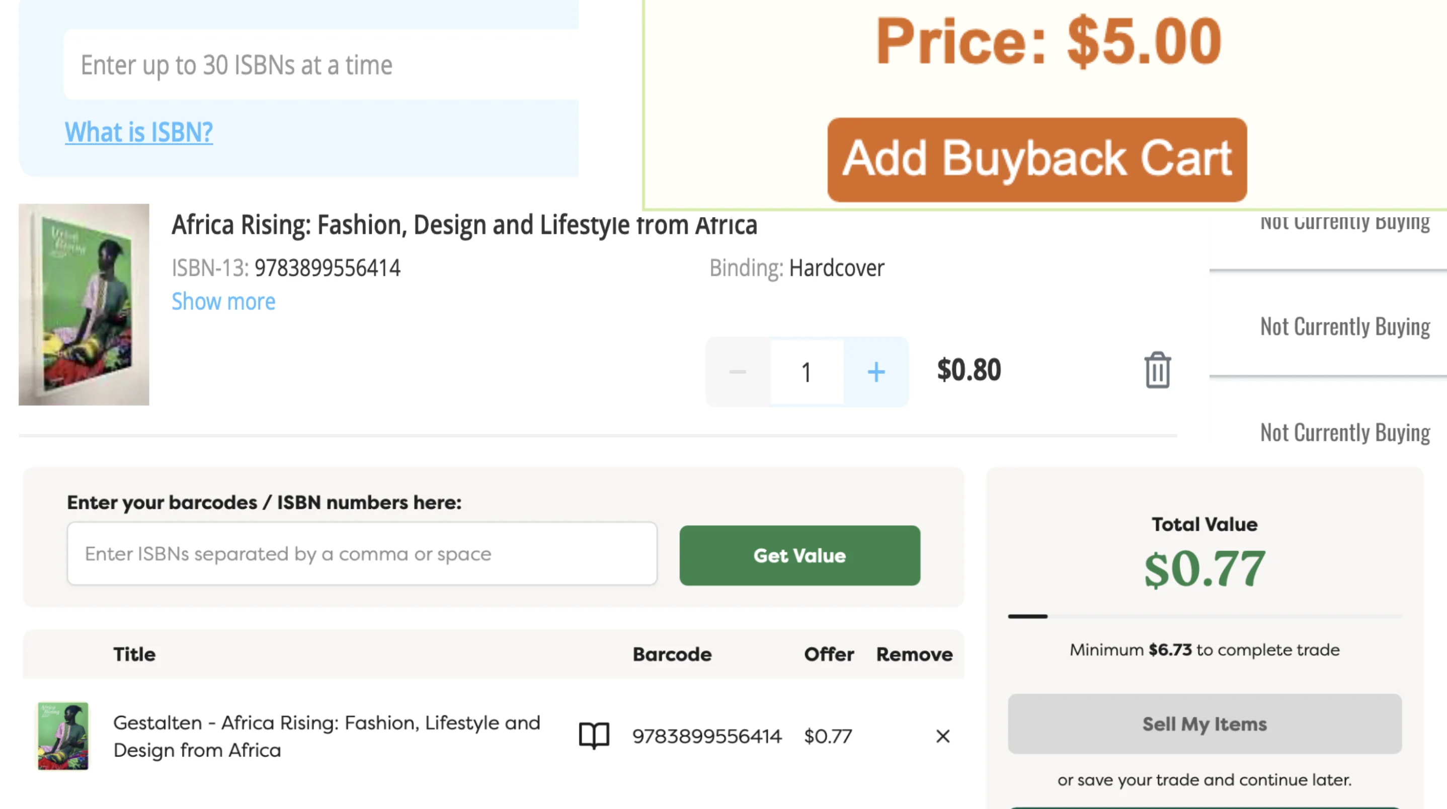 Screenshot of buyback prices on BookScouter for Africa Rising on April 6, 2026, only 3 out of 21 platforms are buying