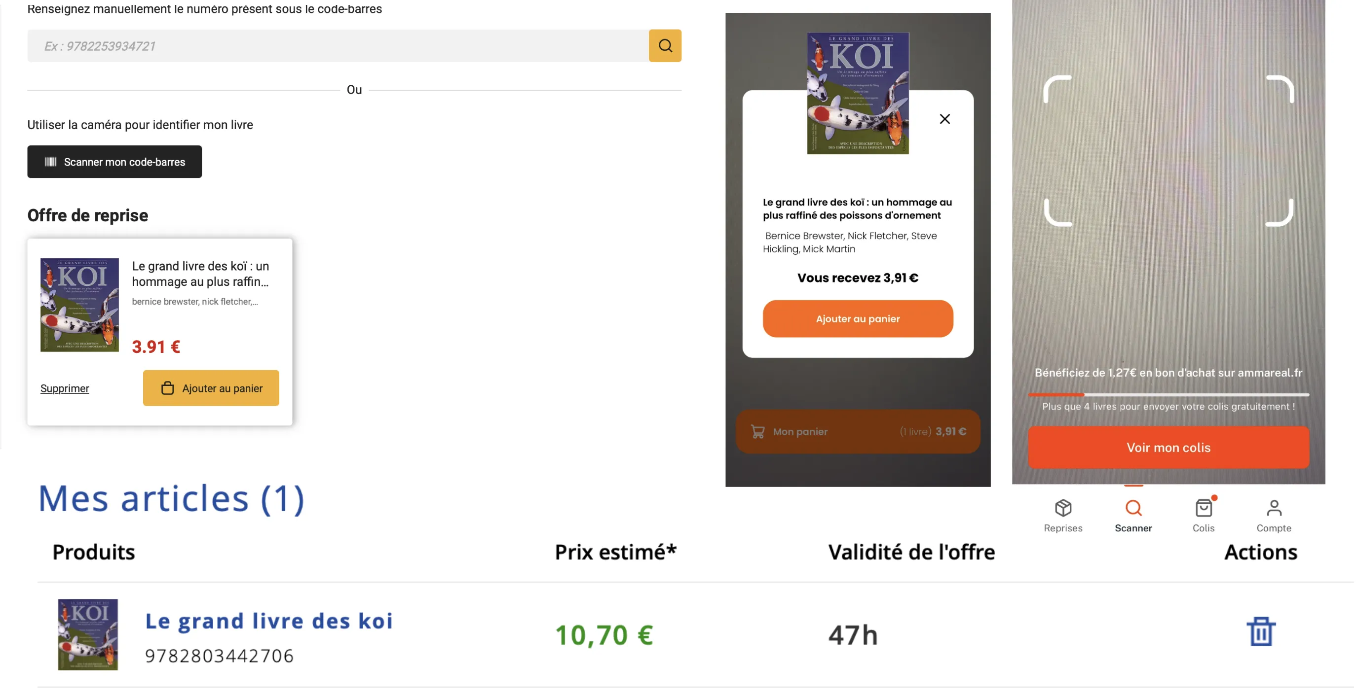 Captura de pantalla de los precios de recompra en Recyclivre, Gibert y Ammareal para Le grand livre des koï el 22 de marzo de 2026