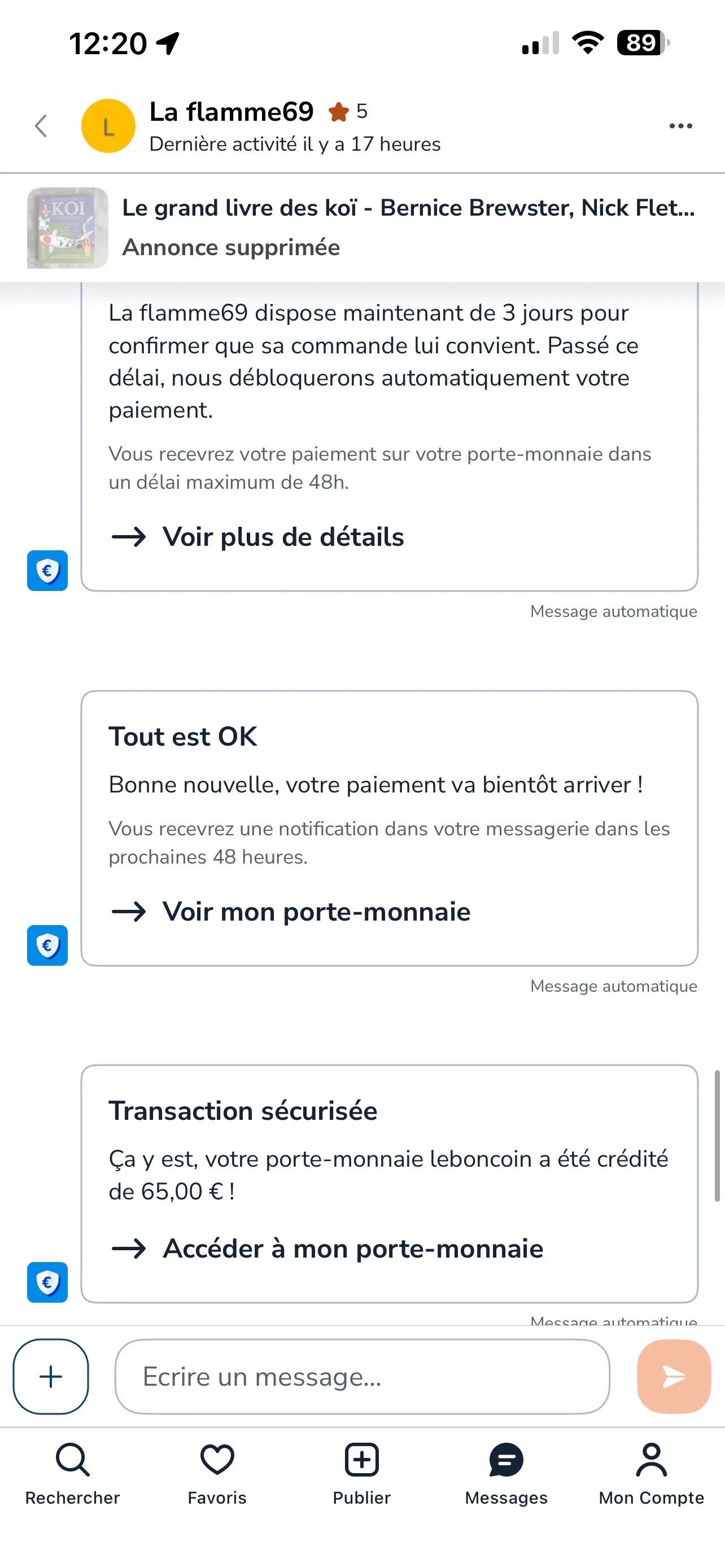 Captura de Leboncoin mostrando la venta real del libro de koi por 65 euros