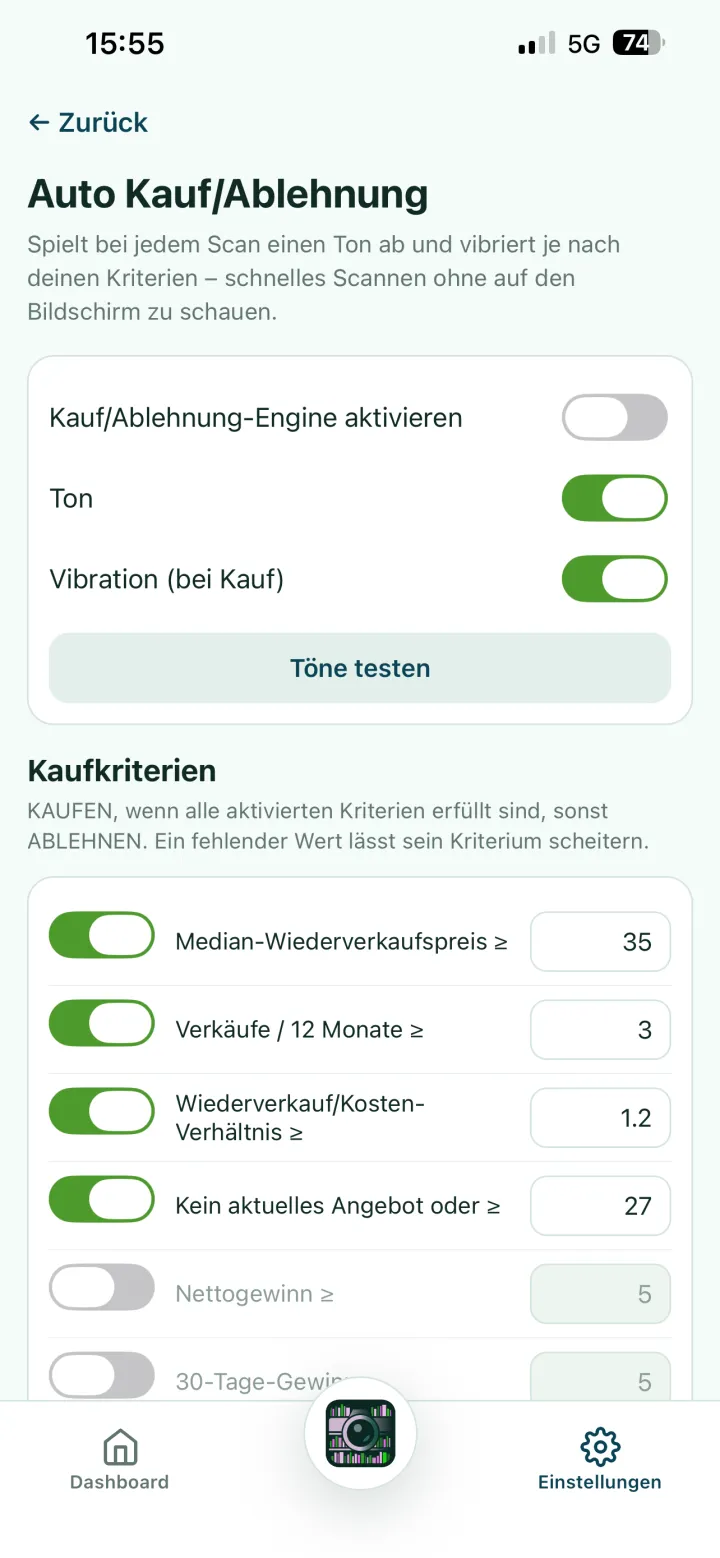Auto Buy/Reject-Kriterien in den Einstellungen festlegen