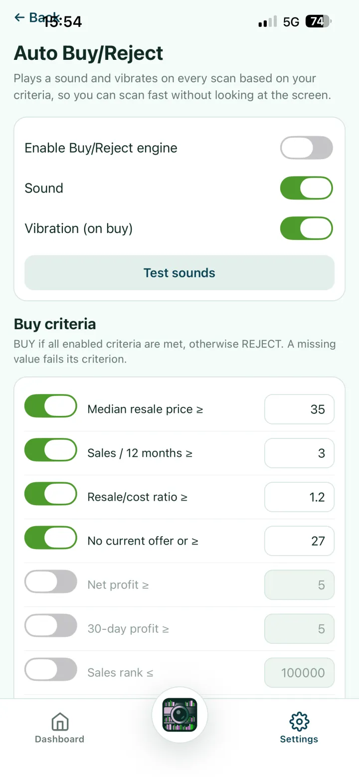 Setting up your Auto Buy/Reject criteria in the settings