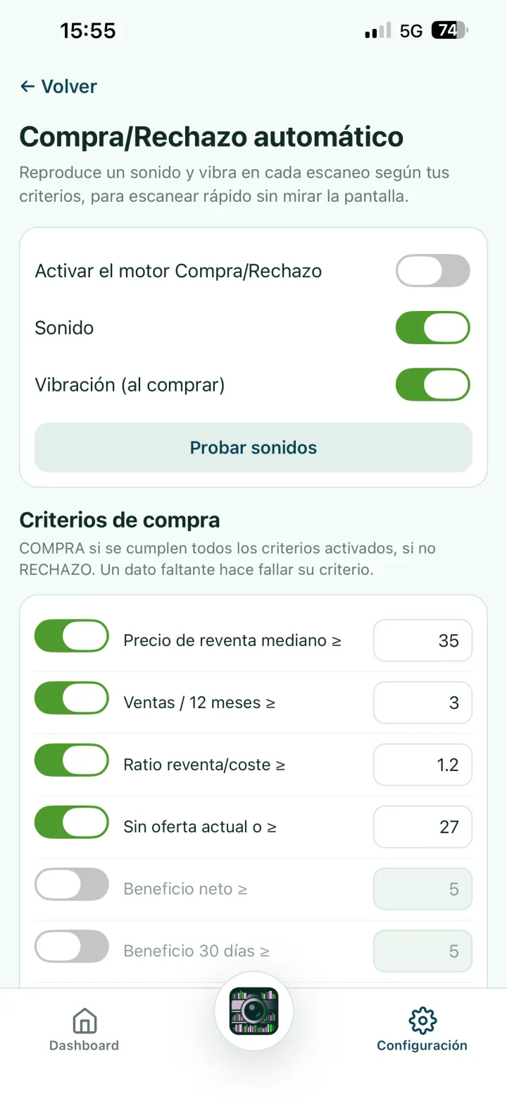 Configurar tus criterios de Auto Buy/Reject en los ajustes