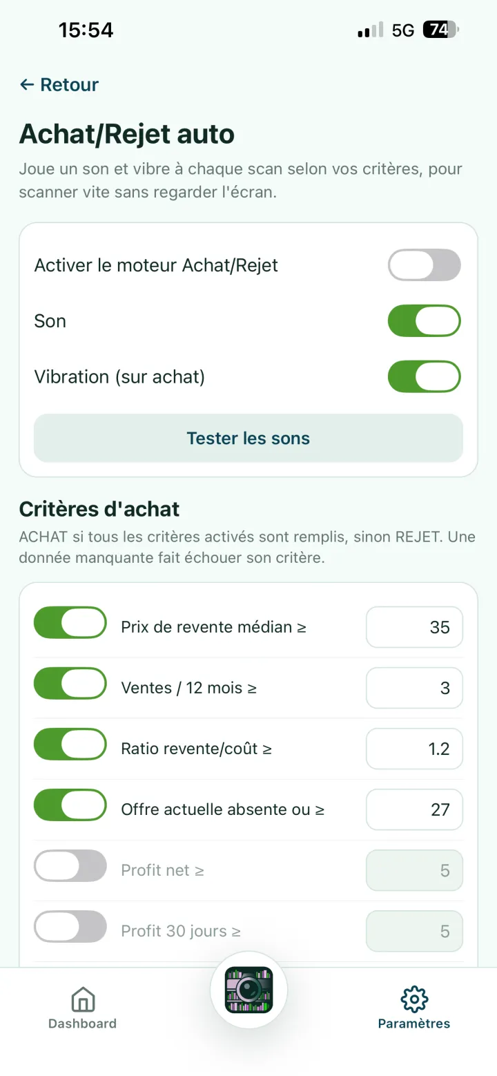 Configurer vos critères Auto Buy/Reject dans les paramètres